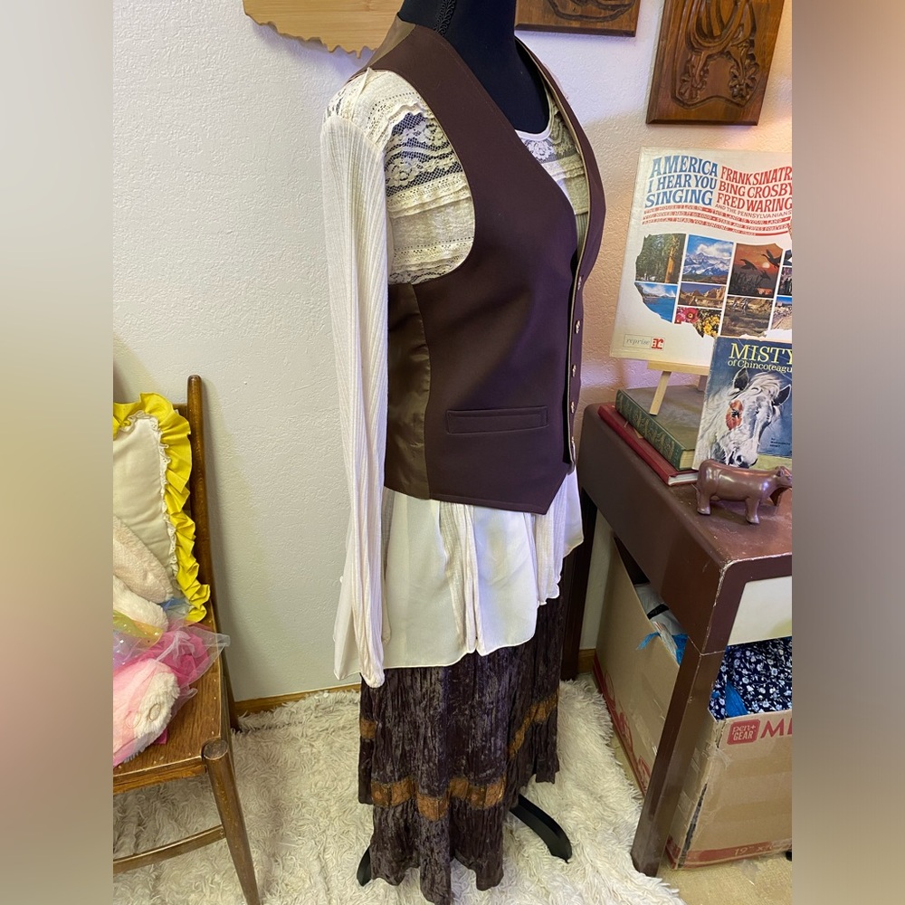 Curated Outfit Brown Boho Chic Western Midi Crinkle Velour Skirt 10P Vest + Top - Picture 3 of 16